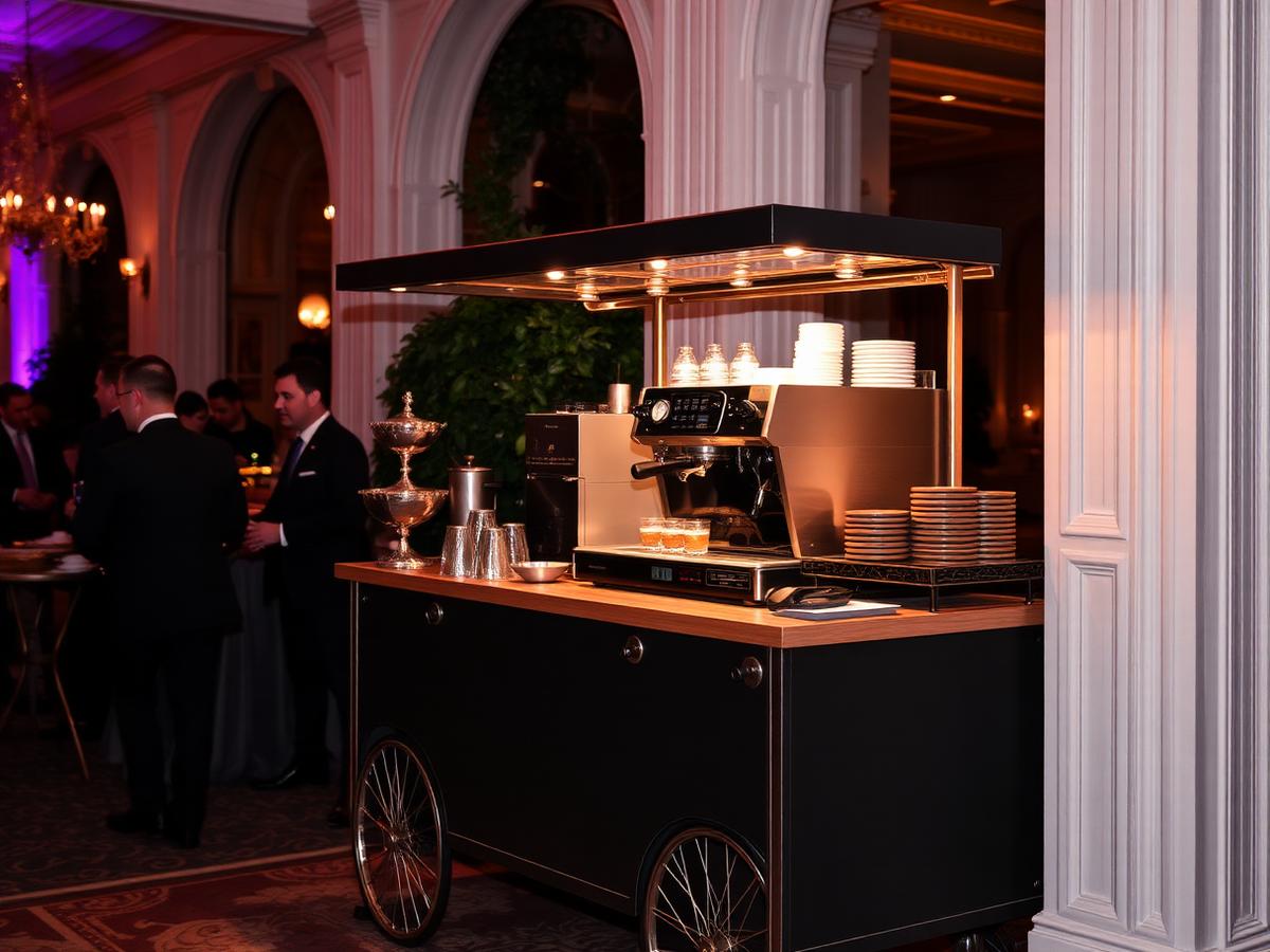 Bar de café móvel com máquina profissional num evento